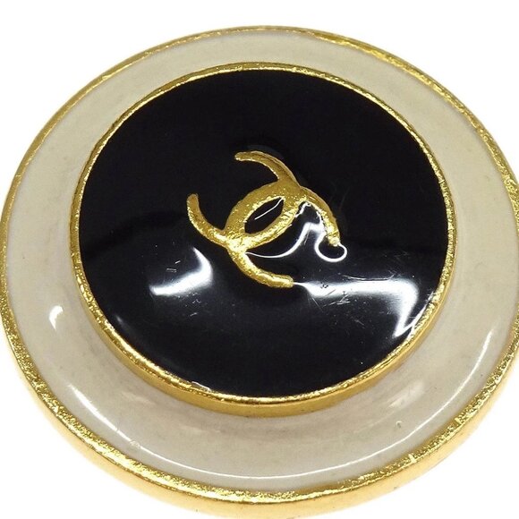 Chanel Button Earrings Clip-On Gold White Black - Picture 2 of 4